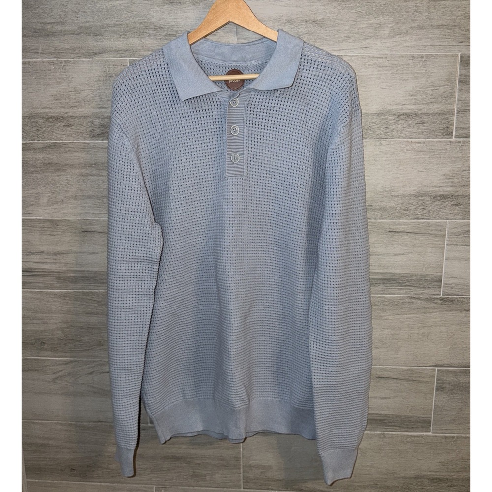 Common People Men's Medium Massie Long Sleeve Textured Sweater Polo Blue NWT - Picture 4 of 8